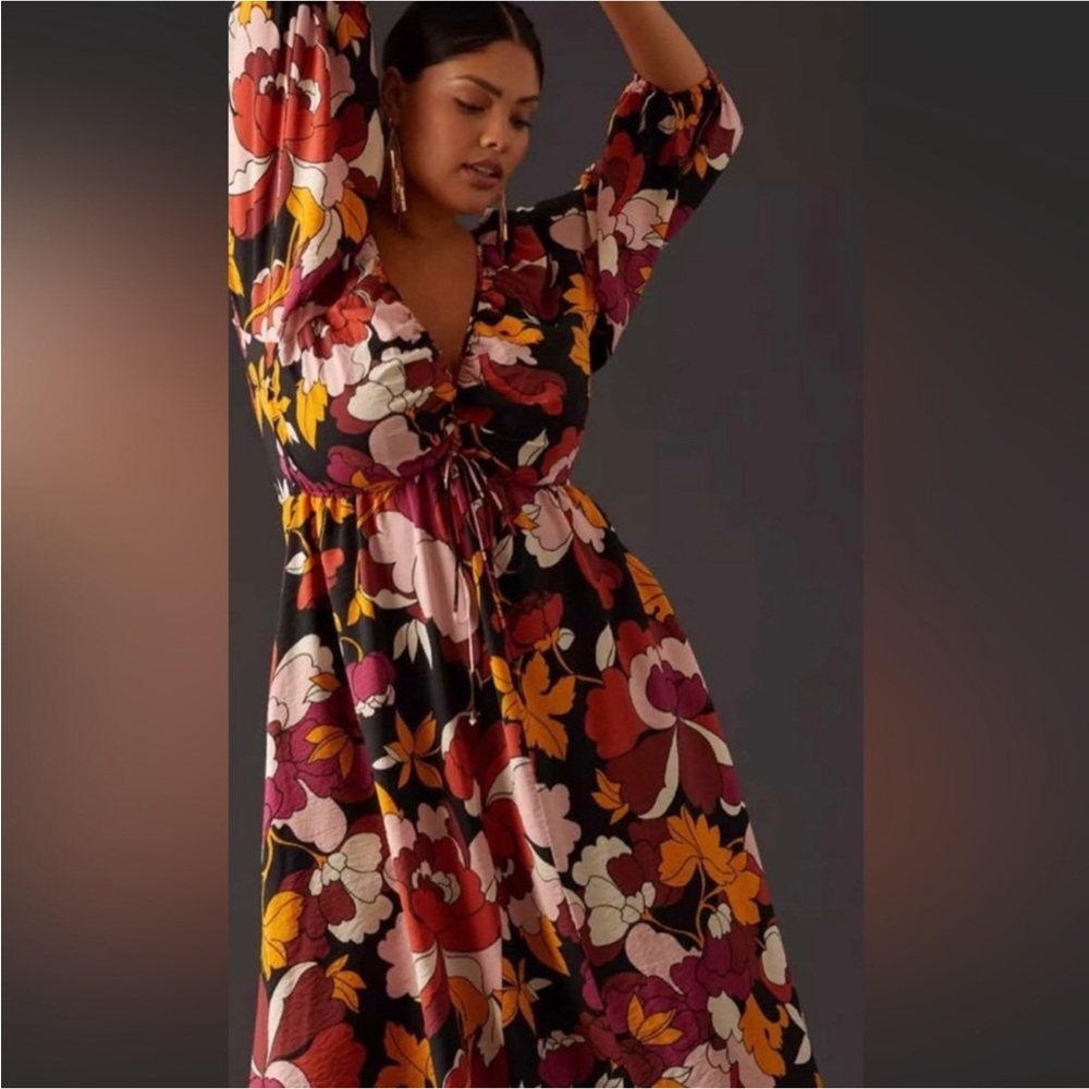 Stunning Anthropologie Maeve Deep VNeck Gathered Vibrant Floral Maxi Dress XS/2
